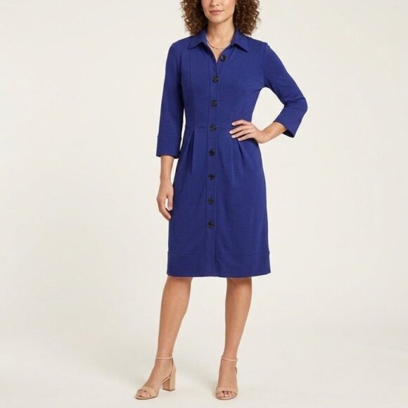 Talbots Dresses & Skirts - Talbots Size 4 Blue 3/4 Sleeve Collared Button Front Knee Length Shirt Dress